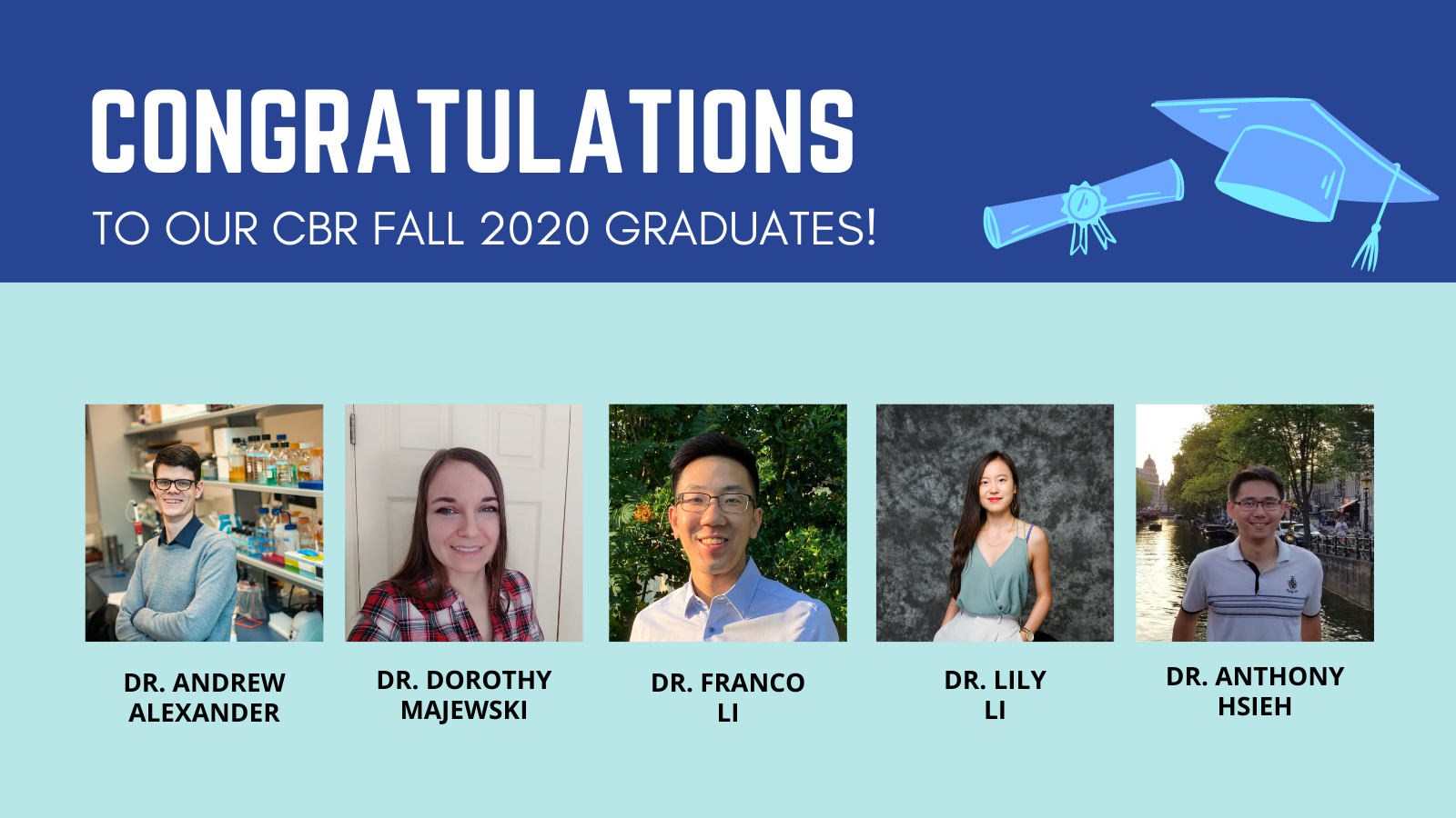 Image of all the CBR's Fall 2020 graduates: Dr. Andrew Alexander, Dr. Dorothy Majewski, Dr. Franco Li, Dr. Lily Li, and Dr. Anthony Hsieh