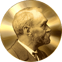 Alfred Nobel set on a circular, gilt background