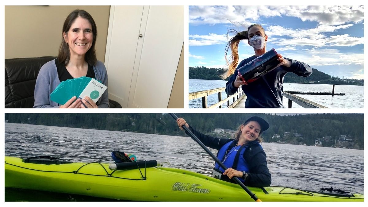 Raffle prize winners Dr. Katherine Serrano (top left) and Dr. Samantha Grist (top right) with their respective prizes, meditation cards and a foam roller. Raffle grand prize winner Anna Herrmann (bottom) is kayaking.