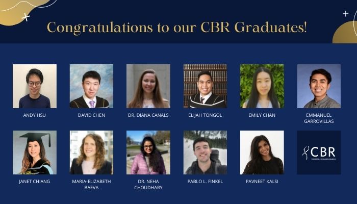 Slide with bio photos of CBR graduates and names, with title "Congratulations to our CBR Graduates!"