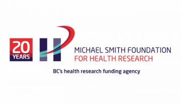 Logo for Michael Smith Foundation for Health Research on a white background, with an image celebrating the foundation's 20 years and a tagline that it is BC's health research funding agency. Used to acknowledge funding for CBR 2021 MSFHR Research Trainee awards.