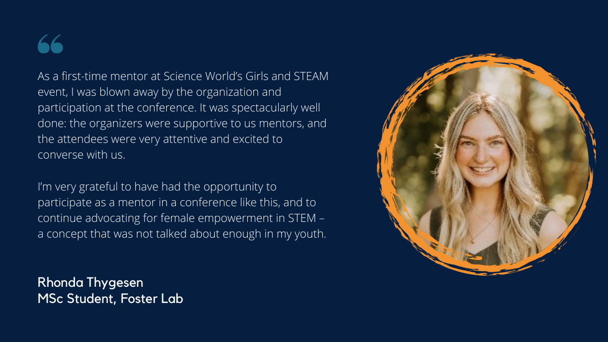 Quote from Rhonda Thygesen, MSc Student in the Foster Lab and Girls and STEAM 2021 participant: As a first-time mentor at Science World’s Girls and STEAM event, I was blown away by the organization and participation at the conference. It was spectacularly well done: the organizers were supportive to us mentors, and the attendees were very attentive and excited to converse with us. I’m very grateful to have had the opportunity to participate as a mentor in a conference like this, and to continue advocating for female empowerment in STEM – a concept that was not talked about enough in my youth.
