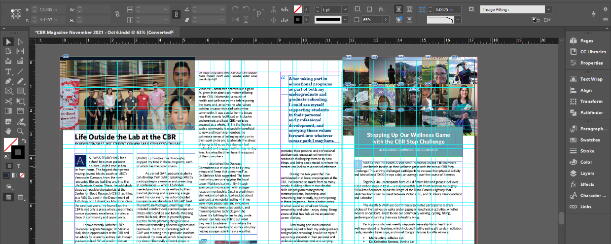 A behind-the-scenes screenshot from Adobe InDesign on making the CBR Magazine