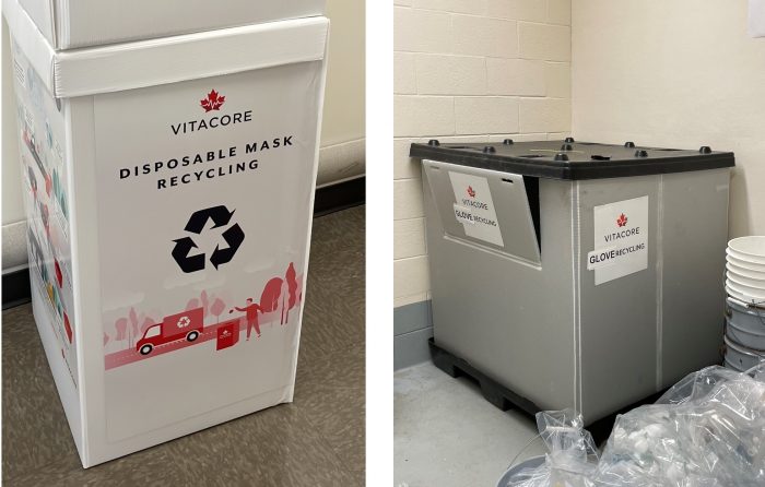 Left: Box for disposable mask recycling and lab sustainability. Right: Pallet for glove recycling in the LSC basement room B2.213.