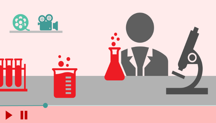 Scientist with a erlenmeyer flask at a lab bench with film equipment in the background, in a cartoon style, to promote the Research 180 Video Competition