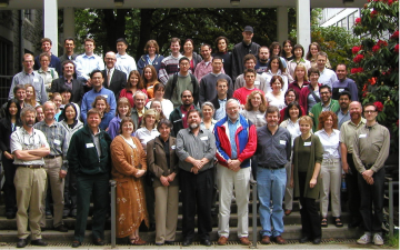 A photo of CBR members from 2002, including founding members Drs. Dana Devine (front row, third from left), Charles Haynes (front row, second from left), Ross MacGillivray (front row, middle), and Don Brooks (front row, fourth from right).